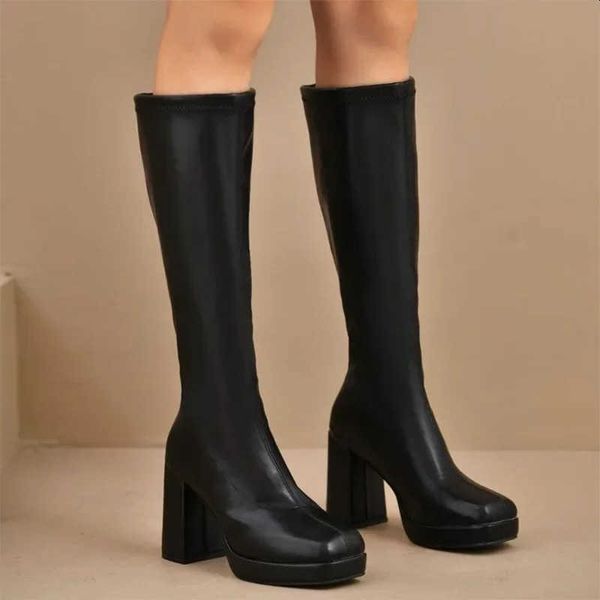 Size Plus High Heels Boots for Women Square Heeled Chunky Knee-High Boots Woman Winter Thick Sole Square Toe Boots S26090194NJ
