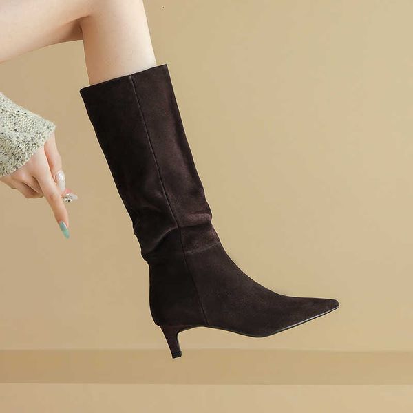 New Autumn Knee-high Boots 2026 Cow Suede Leather Women Shoes Pointed Toe Slip-on Western Modern Boots Thin Heel Long Boots H260901