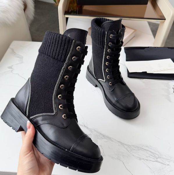 Luxury Design Genuine Leather Shoes Women Round Toe Color Block Mid Calf Boots, Lace Up Block Heel Platform Daily Fashion Platform Women's Boots