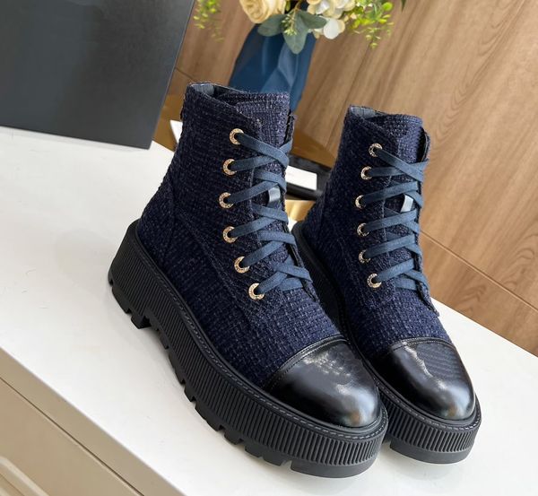 Luxury Dress Shoes Design High Quality Women Round Toe Color Block Mid Calf Boots, Lace Up Block Heel Platform Daily Fashion Boots