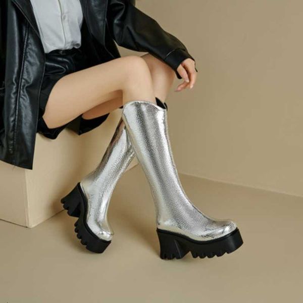 Toe Square Ultra-High Non-Slip Rubber Heel Knee Boots Simple Style Bright Patent Leather Height-Enhancing Shoe S260901R6JW