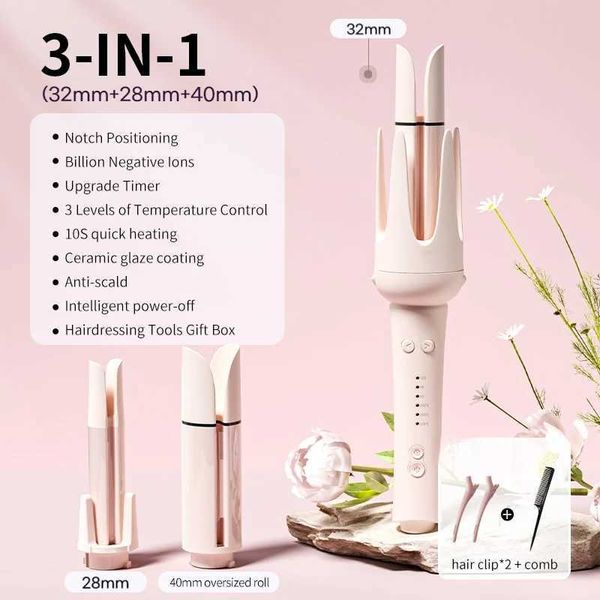 Curling Automatic Iron 3 in 1 Negative Ion Hair Curler Interchangeable Barrels Auto Rotation 3 Heat Settings Salon S D260902