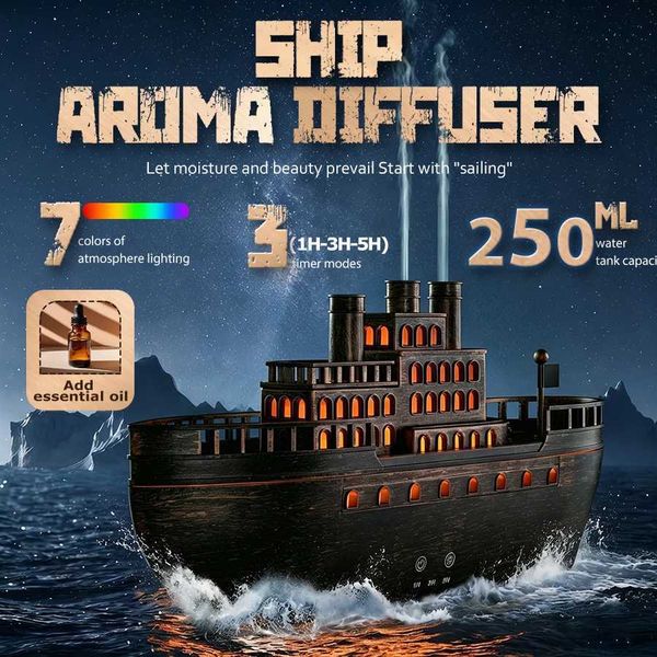 New 2026 Ship Aroma Humidifier Vintage Boat Design Colorful Flame Essential Oil Diffuser Quiet Fine Mist 3 Timers D260902