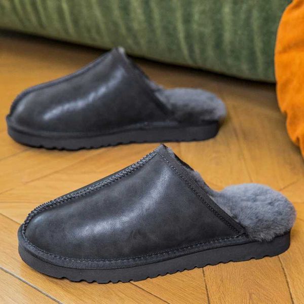 Mens Faux Leather Mule Slippers Plush Fur Lined Winter Warm Slip On Closed Toe Slipper Indoor Outdoor Cozy Snow House Shoes T260902