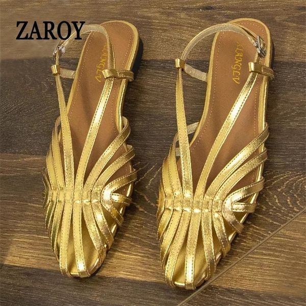 ZAROY Narrow Band Women Flat Sandals Large Size Banquet Wedding Shoes Summer Hollow Beach Gladiator Sandalias 260903ww