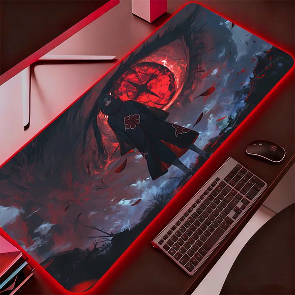 RGB Backlight Mouse Pad N-naruto Itachi Uchiha Anime Gabinete Gamer Computer LED Desk Mat Keyboard Gaming Accessories Mousepad 26Y0904