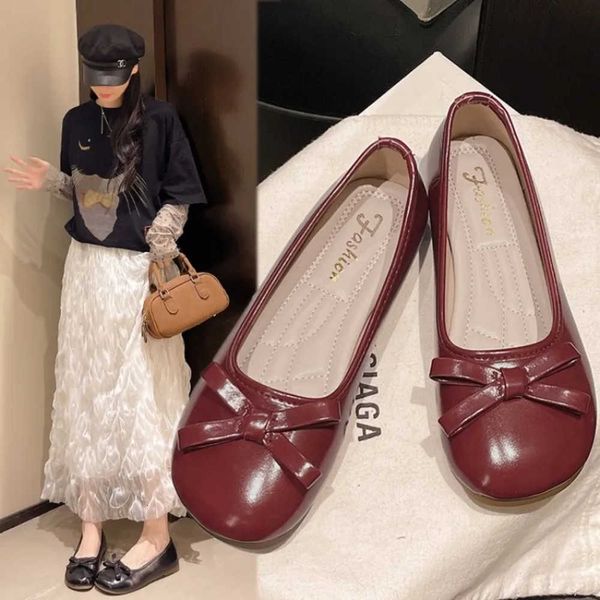 Patent Flats Leather Women's Thin Shoes Casual Soft Sole Slip on Loafers Sweet Round Toe Bow Pumps Girls Cute Lolita Shoes J260903