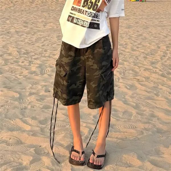 Y2K Camo Cargo Jorts Shorts Women Baggy Knee Length Denim Shorts Letter Print MultiPocket Hip Hop Streetwear Bermuda Shorts 260905