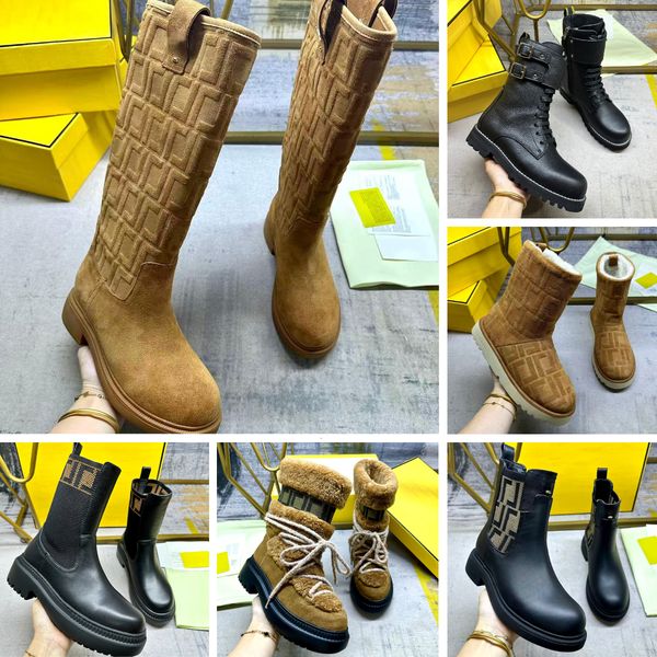 Women's Luxury Knee-high Boots Designer Leather Boots Autumn Winter Boots Classic Ankle Boots Suede with Embossed Chunky Low Heel