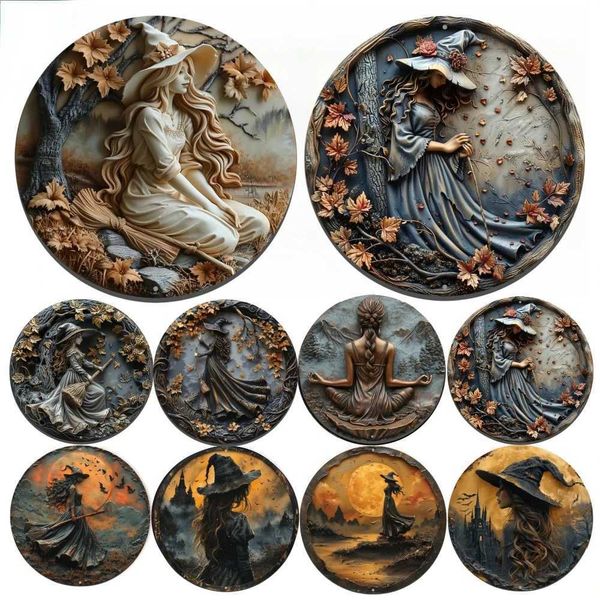 3D Round Metal Aluminum Sign Art Enchanted Witch Religious Decorative Plates Gift Mask Theme For Bar Club Home Room Wall Decor Z260912