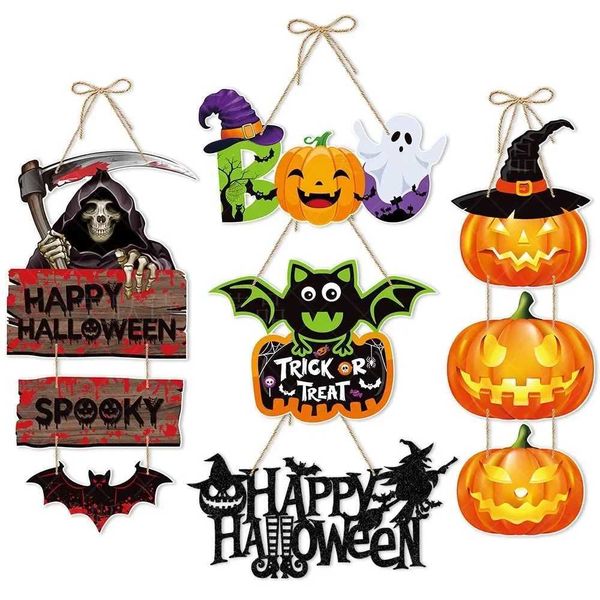 2026 Halloween Door Hanging Sign Decor Pumpkin Ghost Bat Grim Reaper Hanging Ornaments for Front Door Porch Home Party Decor Z260912