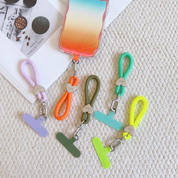 Heart Metal Tag Braided Short Round Rope Phone Wrist Lanyard, Colorful Thick Woven Hand Strap With Tether Tab, Anti-drop Phone Wrist Chain Wholesale