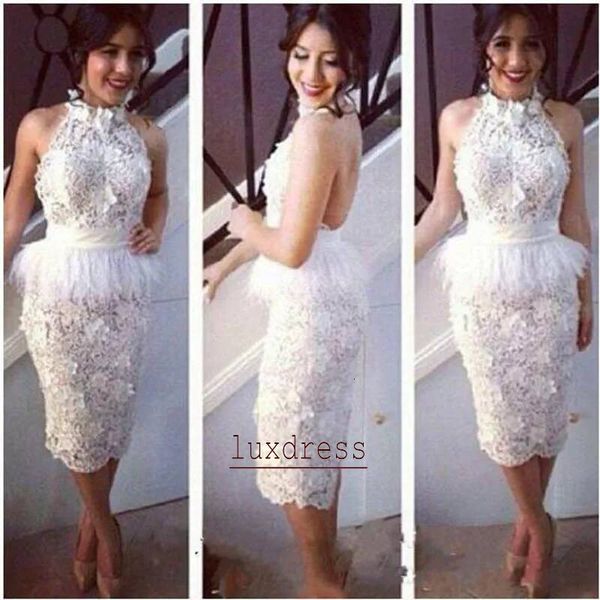 White Short Cocktail Dresses 100% Handmade Ostrich Feather Prom Gowns Backless Evening Dress High Neck Vestido De Novia Special Occasion Dre