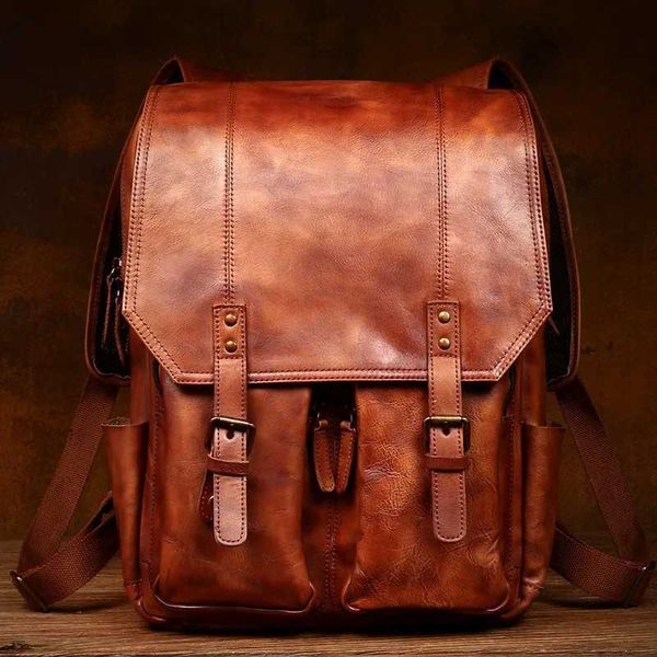 Style Vintage Handmade Genuine Backpack Leather Men's Full Grain Travel Youth Laptop Hiking H260922