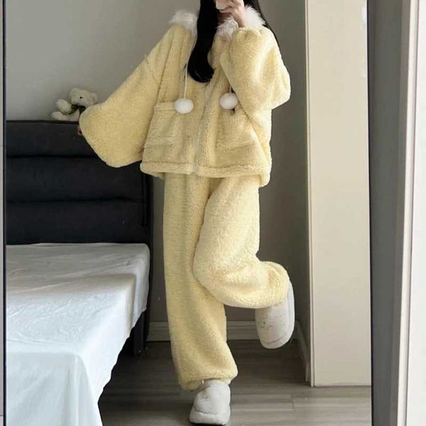 clothing Womens Jumpsuits Rompers home Yellow Sleepwear Women Pajama Sets Fleece Korean Piiama Winter Night Wears Long Sleeve Home Suit Warm W260924