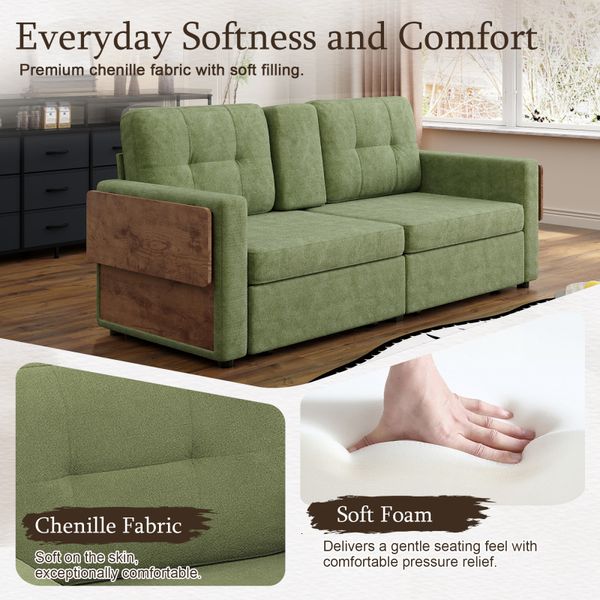 70.08 Chenille Fabric Couch with Pull-Out Storage Drawers, Foldable Side Tables, Cup Holder Console, Soft Sponge Cushions, Green