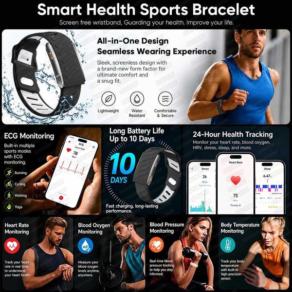 New Smart Wristbands 2026 Snless ECG+PPG Health Smart Bracelets 24/7 Rate SpO2 Blood Pressure Body Fat 3ATM Fitness Tracker Smart Band J260922
