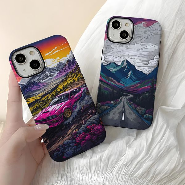 Cool Cyberpunk Style Sports Car Illustration Phone Case for 18 Pro Men 17 PM Double Layer Film Hard Case