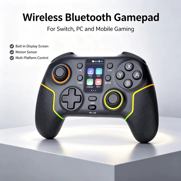 Wireless Bluetooth Gamepad with Built-in Display Screen Hall Effect Joystick 6-Axis Motion Sensing Controller for Switch PC Android IOS RGB Light Macro Programming