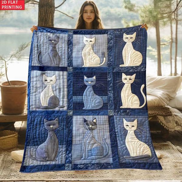 Blankets Blue Cat Splicing Outdoor Portable Blanket Bedding Camping Living Rooms Offices Sofas Beds-Soft Digital Printed L260927