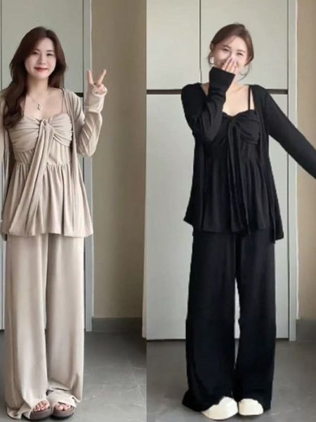 plus Size Women's Three-Piece Set Sleeveless V-Neck Crop Top And Wide Leg Pants Casual High Waist Design Spring Autumn New Style