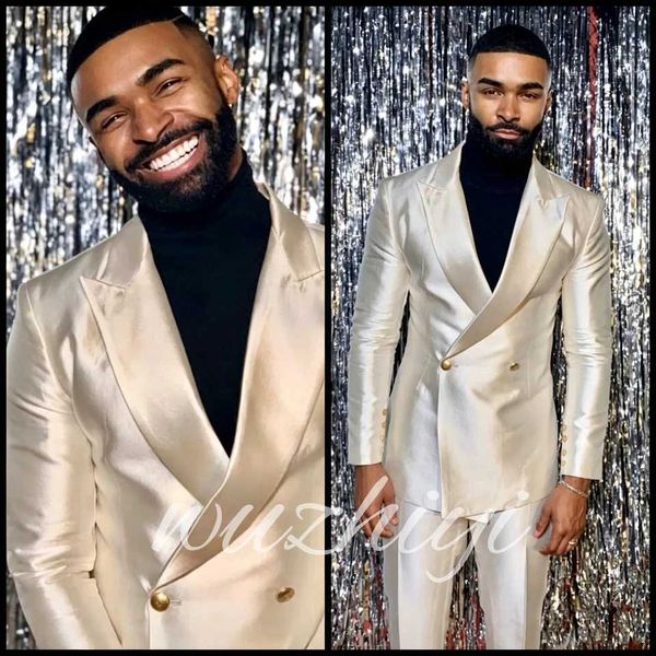 Luxury Beige Men Suits Party Tuxedos 2 Piece Sets Satin Banquet Wedding Groom Double Breasted Male Customized X260929