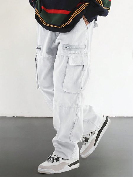 

WOZK functional style multi pocket workwear men's straight leg loose casual pants trendy, Brown