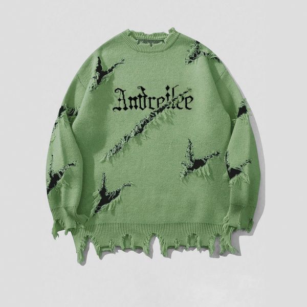 

WOZK men's ripped sweater, autumn and winter distressed, letter jacquard knit sweater, top trendy, Black