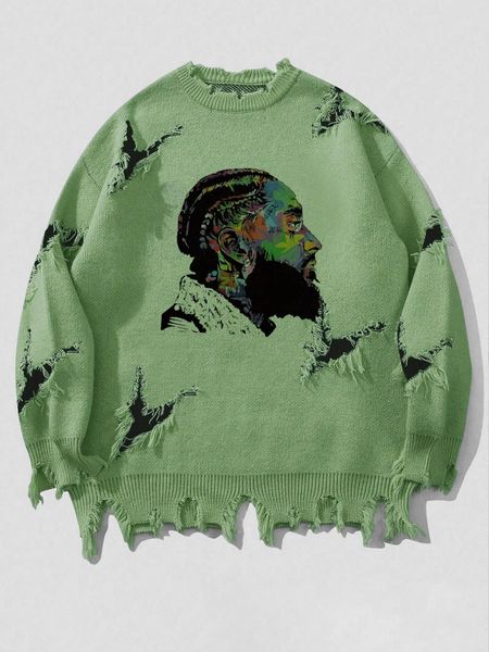 

WOZK men's trendy brand ripped sweater long sleeved men's autumn and winter American retro knitted sweater designer, Khaki