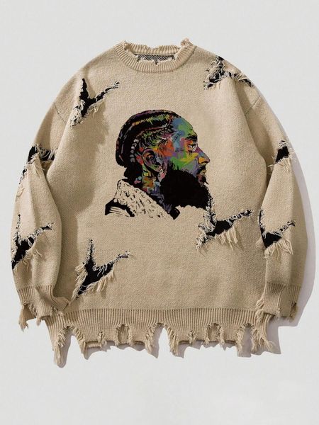

WOZK men's trendy brand ripped sweater long sleeved men's autumn and winter American retro knitted sweater, Khaki