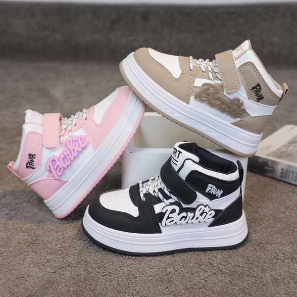

Barbie Style Girls High Top Sneakers Unisex Hook and Loop Non-Slip Soft Sole Pink Princess Toddler School Shoes casual children sports shoes Free shipping, Black