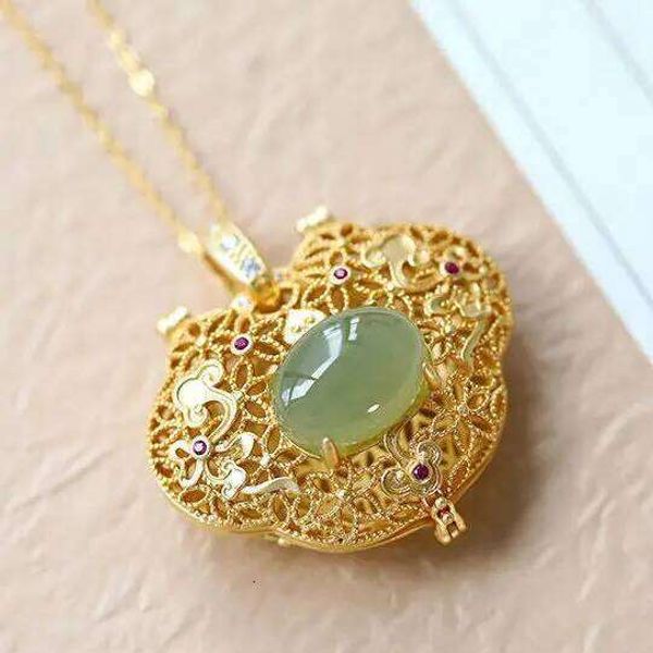Natural Hetian Jasper Geometric Open Hollow Pendant Necklace Chinese Retro Light Luxury Charm Women's Silver Jewelry