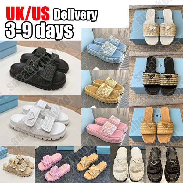 

Designer sandals crochet platform slides slippers natural black white luxury women summer beach classic leisure flat thick sole slipper sandal size 35-42, #01