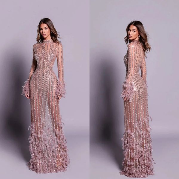 Illusion Beaded Straight Evening Dress Exquisite Feathers Long Sleeve Party Gown Customized High Collar Prom Dresses