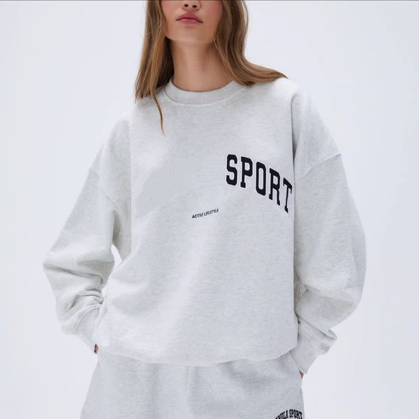 

high quality designer loose round neck hoodie for women fashion flower gray tops lazy pullover sweatshirts cotton oversized sweaters jumpers, Grey green letters