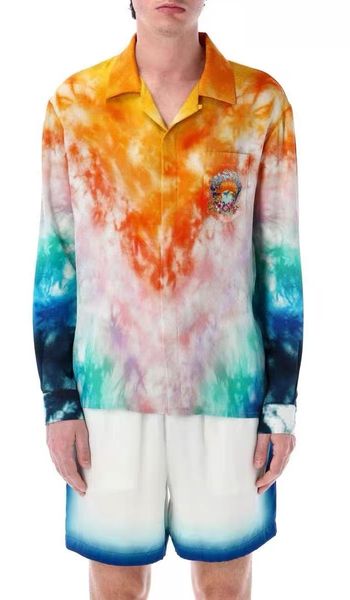 

2026 Early Spring Casabalnc New Designer Silk Shirt Gradient Color Retro Print Casual Loose-fit Unisex Long-sleeve Silk Shirts Fashion Lapel Elegant Thin Blouse Tops, Sandybrown