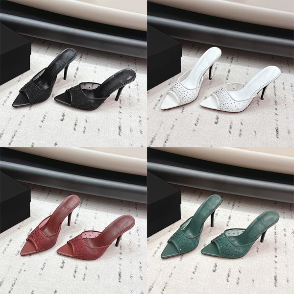 

Luxury Mesh Sandals Top Designer Crystal High Heels Rhinestone Slippers Leather Slides Nude Black White Red Dress Shoes 1030, A1