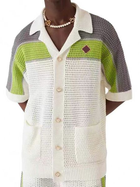 

26 Early Spring Casabalnc Trendy New Designer Striped Hollow-out Knit Lapel Cardigan Shirt for Men Casual Loose-fit Retro Pockets Buttons Short-sleeve Sweater Tops tn, Indigo