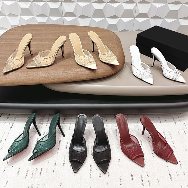 

Designer Crystal Mesh Sandal Classic Bottom High Heels Slippers Sexy Pointed Toe Women Dress Shoes Summer Sandale Slides 1030, A1