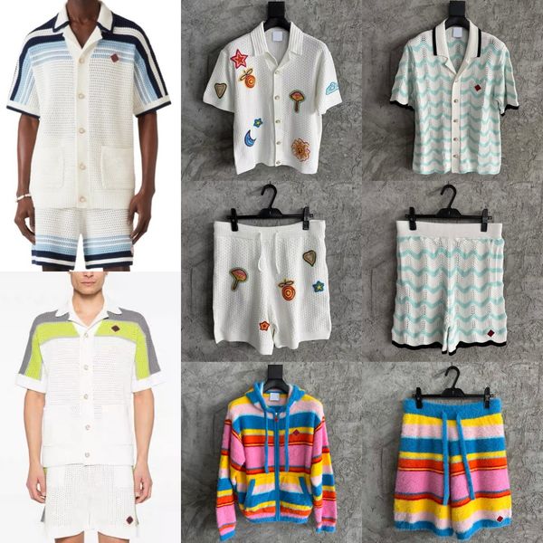 

2026 Early Spring Casabalnc Trendy New Men's Dark Light Blue Striped Knit Straight-leg Shorts Designer Casual Summer Short-sleeve Knitwear Loose Retro Top Shirt Set tn, Orangered