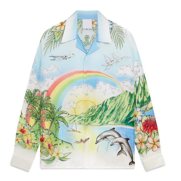 

2026 Early Spring Casabalnc New Trendy Designer Silk Shirt for men Vacation Hawaiian Style Casual Long-sleeve Pattern Print Button-down Cardigan Silk Blouses Tops tn, Rose