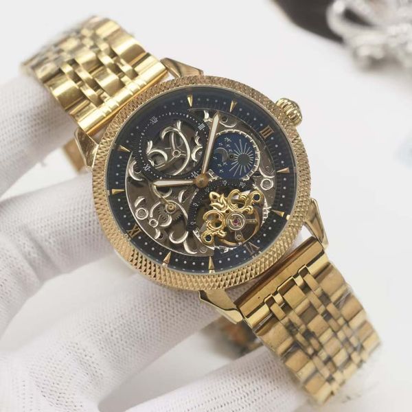 

Elegant Mens' Luxury Automatic Mechanical Watch with Genuine Leather Strap & Scratch-resistant Crystal, Gold