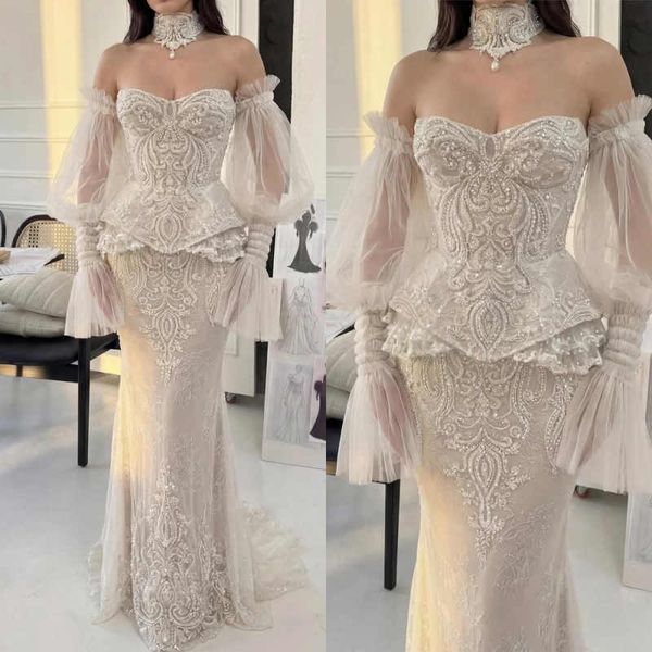 Chic Ivory Beading Appliques Party Dresses Customized Off Shoulder Prom Kaftans Dubai Puffy Sleeves Evening Dress