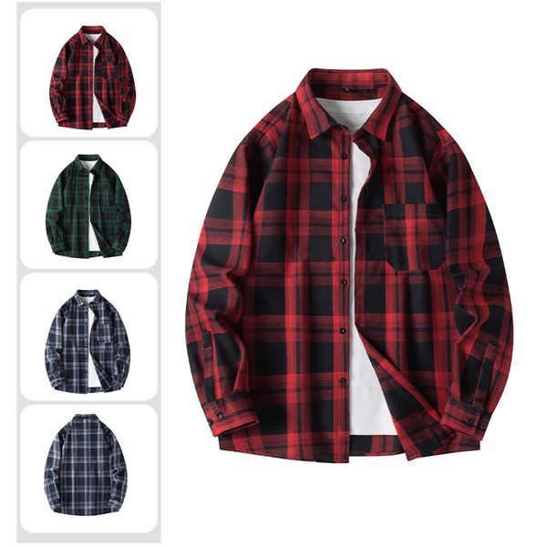 

New long-sleeved checked shirt - trendy men's brand - retro fashion - loose and casual shirt jacket, Orange