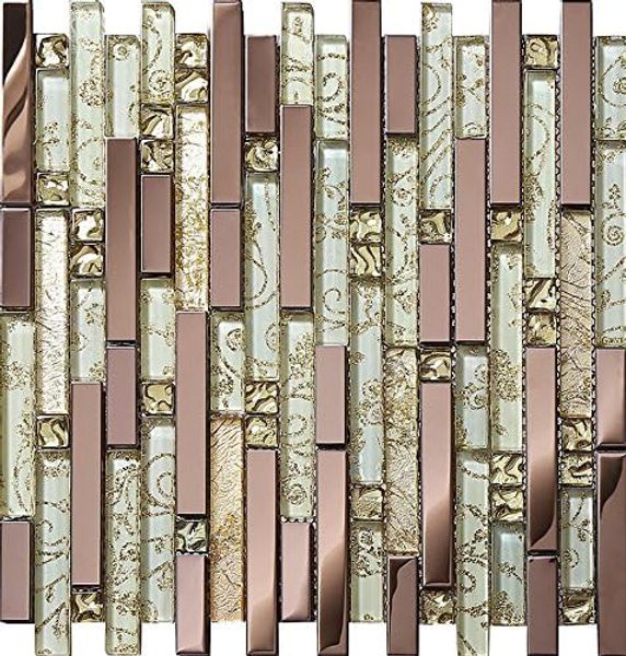 Luxury Rose Gold Stainless Steel And Foil Glass Linear Mosaic Tiles for Kitchen Backsplash/Bathroom decor