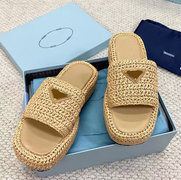 

top quality Slippers luxury Designer Casual shoe sandals women men triangle Sliders fashion sandal Raffias Straw weave platform shoes Slide beach pool flat Slipper, Color 25