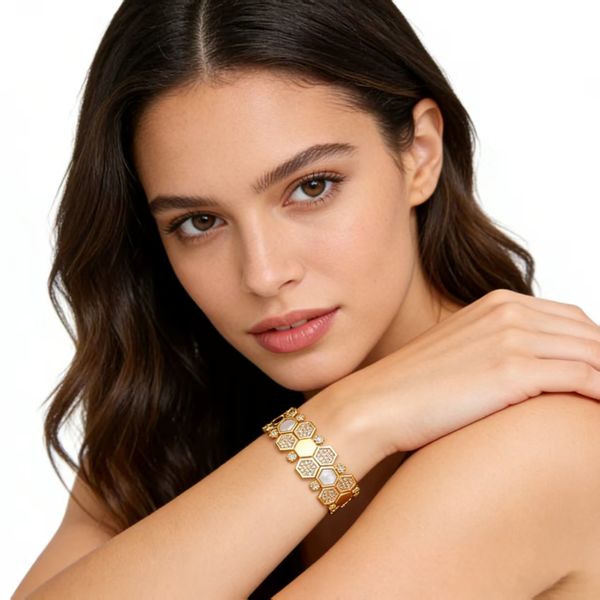 

Creative Hexagonal Honeycomb Bracelet Ring Set Fashionable Personalized Inlaid Mother-of-Pearl Hand Jewelry