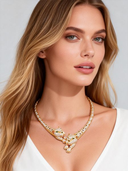 

New Leopard Lying Down Bracelet Necklace Set Couple Ring Earrings Jewelry Copper Gold Plated Micro Inlay One Piece Minimum Order