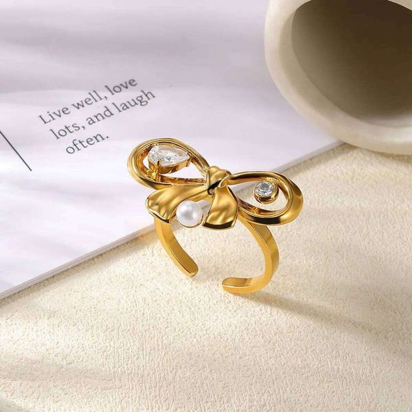 Elegant Bow Rings For Women Stainless Steel Gold Color Open Adjustable Pearl Zircon Ring Wedding Female Jewelry Party Gifts