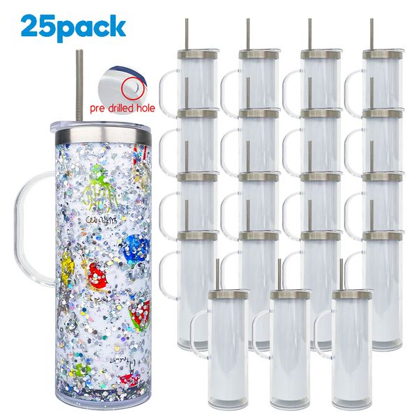 25 pack USA warehouse 20oz storyboard pre-drilled snow globe blank sublimation skinny straight stainless steel tumbler with handle for Christmas gifts
